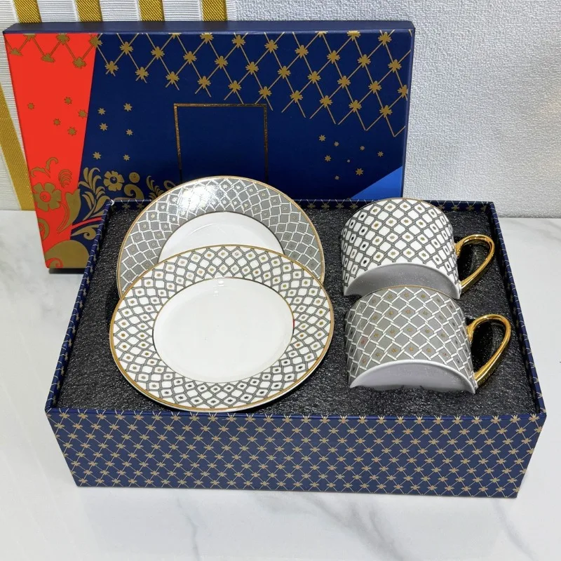 

High-end Grey Bone China Coffee Cup Saucer 250ml Popular Rhombus Pattern Teacup Home Gift For Women​