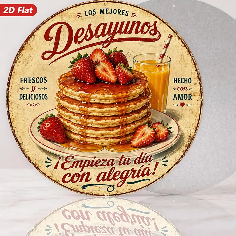 2D Flat, 1pc Breakfast Kitchen Vintage Round Metal Sign Wall Art, Best Breakfast Text, Pancake Stack, Syrup Drizzle,