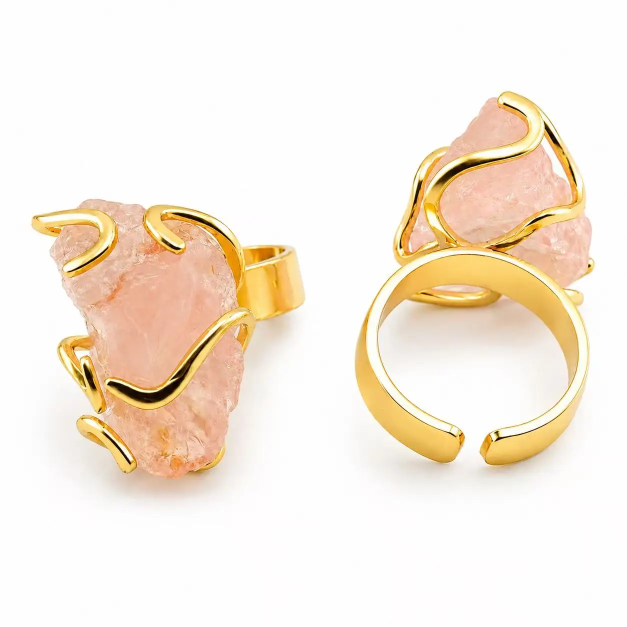 Irregular Rose Quartz Ring Luxury Gold Color Pink Crystal Stone Finger Rings Adjustable Jewelry Valentine Gift