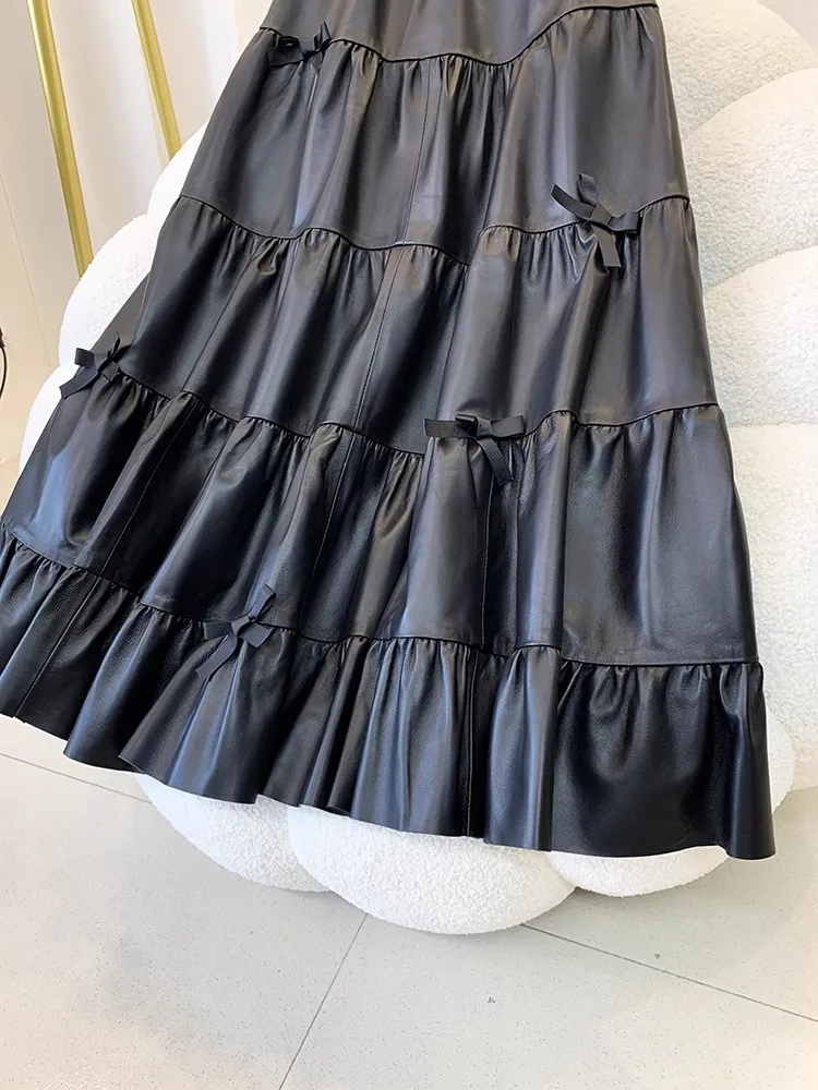 Women Fashion Genuine Leather Long Skirt Casual Loose Fit Elastic High Waist Sweet Bowknot Solid Color Lady Layers A-Line Skirts