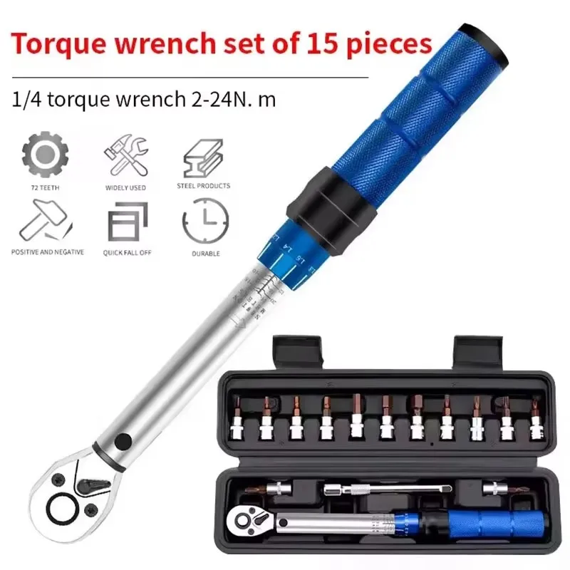 Pintudy Fiets Momentsleutelset 1/4″ 2-24Nm Dubbele Richting Fiets Inbussleutel Gereedschap Socket Voorgeprogrammeerde Type Spanner Professionele Reparatie Gereedschapsset
