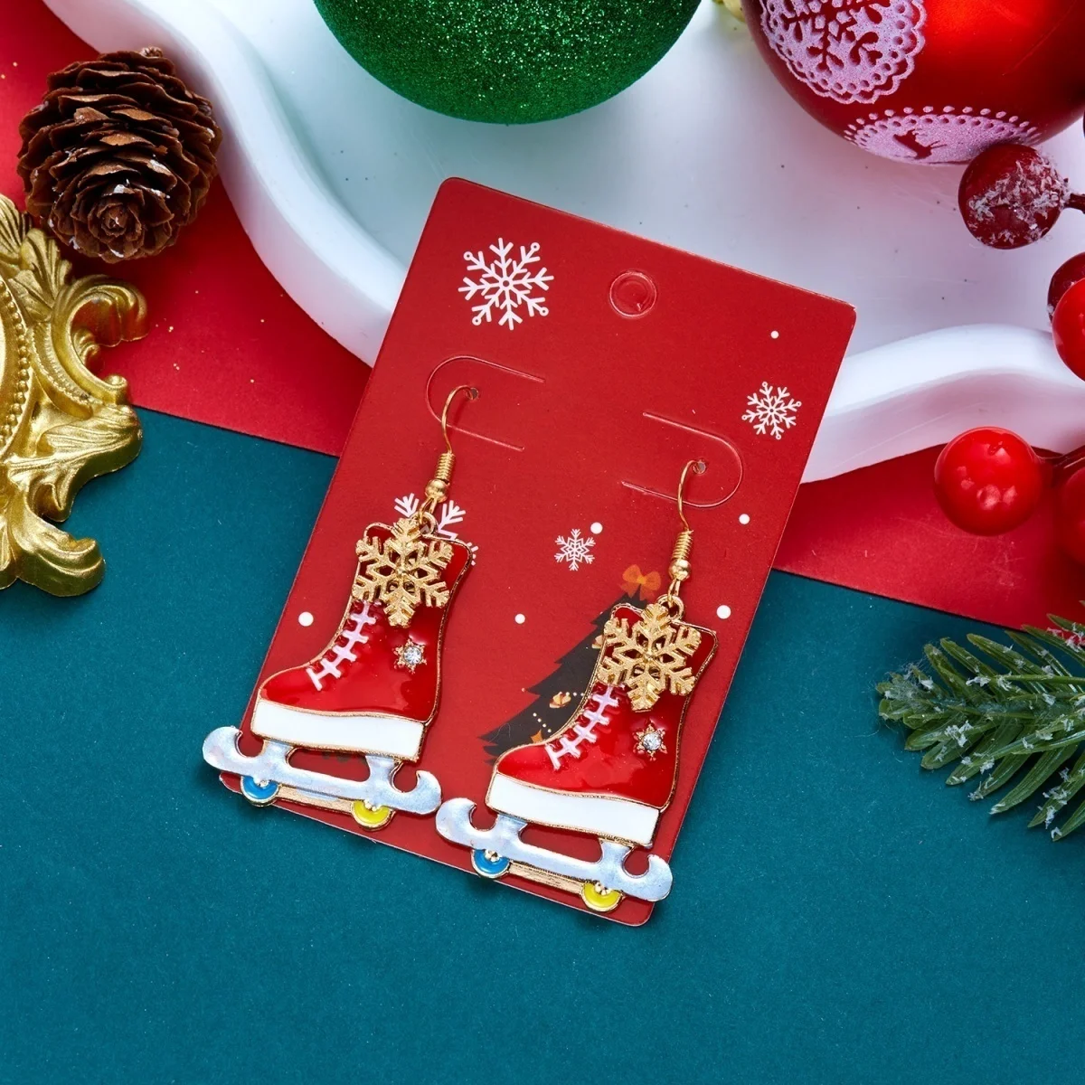 Bunte Strass-Weihnachtspullover-Geschenkbox-Ohrhänger für Damen, Weihnachts-Schneeflocken-, Schlittschuh-, Glühbirnen- und Haus-Ohrringe, Schmuck – Detail 28