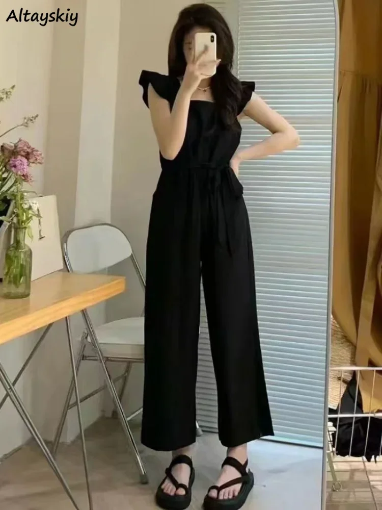 

Wide Leg Jumpsuits Women Bandage Loose Sweet College Summer Korean Style Fashion Ulzzang Casual Chic Temperament Solid All-match