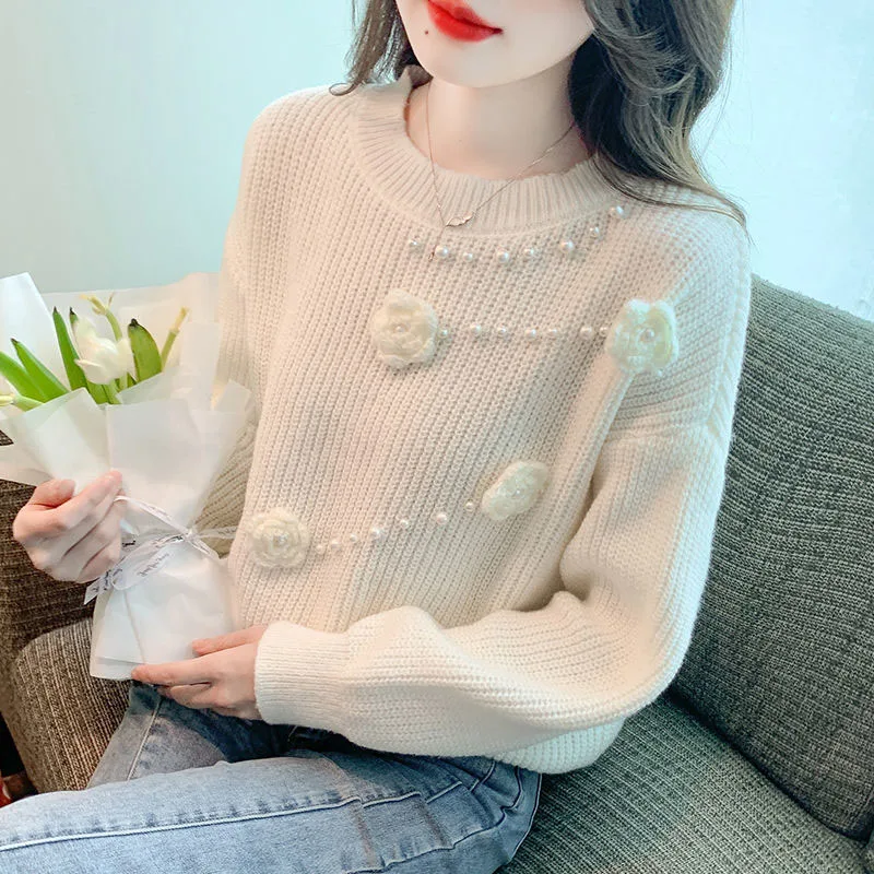 New Autumn and Winter Fashion Lazy Style Design Feeling Nail Bead Hook Flower Round Neck Versatile Western Style Women\'s Sweater