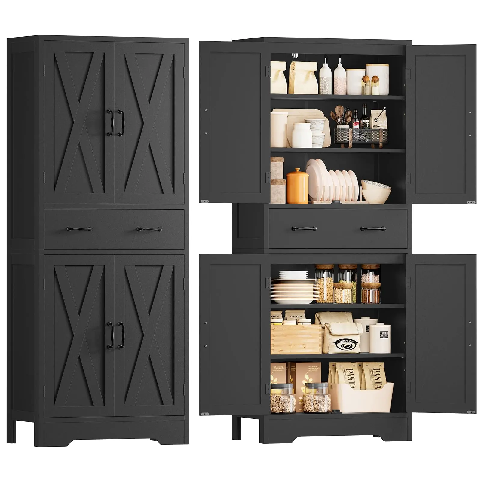 Tall Storage Cabinet with 2 Adjustable Shelves & 1 Large Drawer, Kitchen Pantry Cabinet with 4 Doors, Bathroom Storage