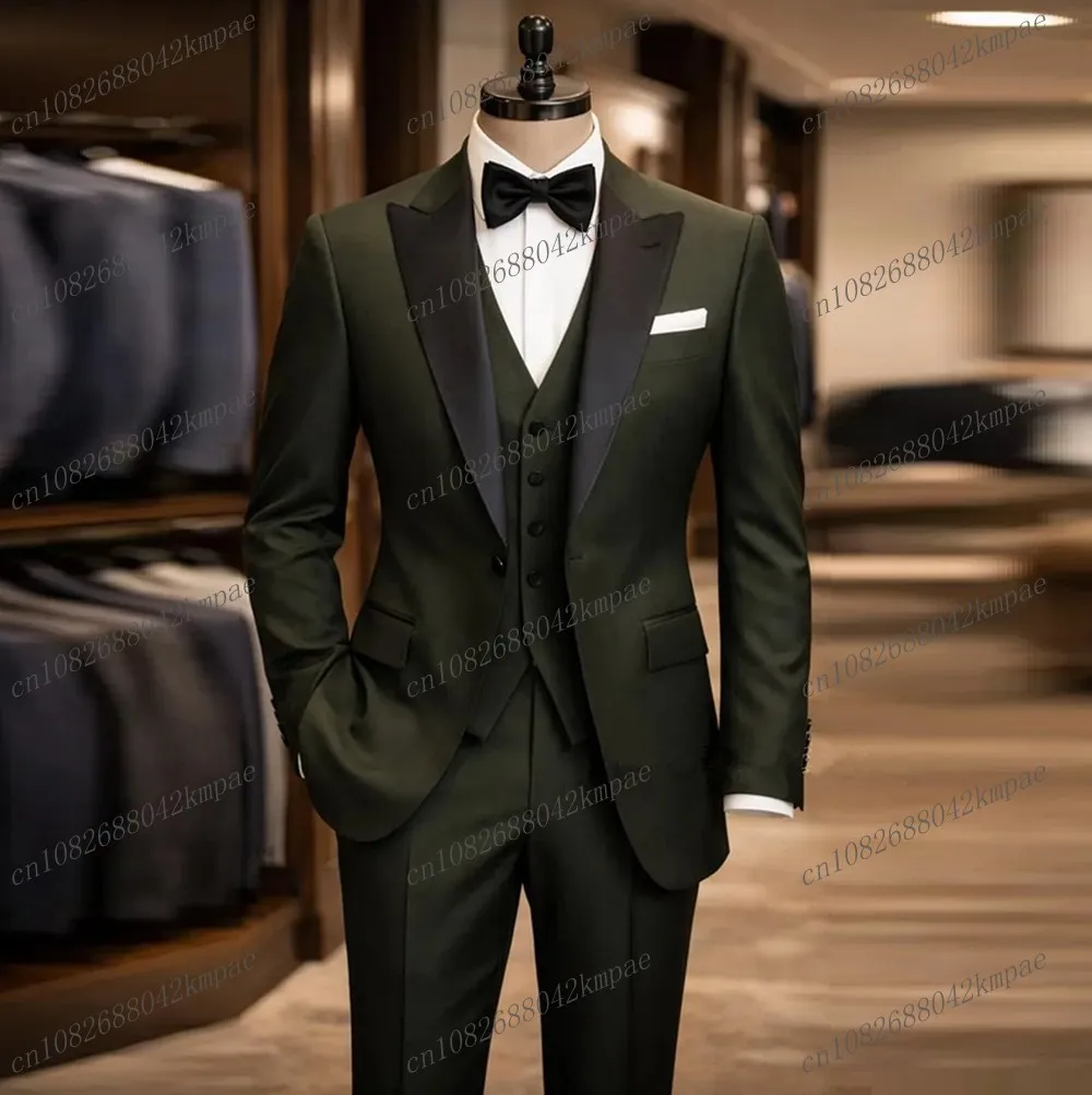 

Black Collar Army Green Formal Men Suit Groom Groomsman Wedding Party Prom Business Male Tuxedos 3 Piece Set Blazer Vest Pants