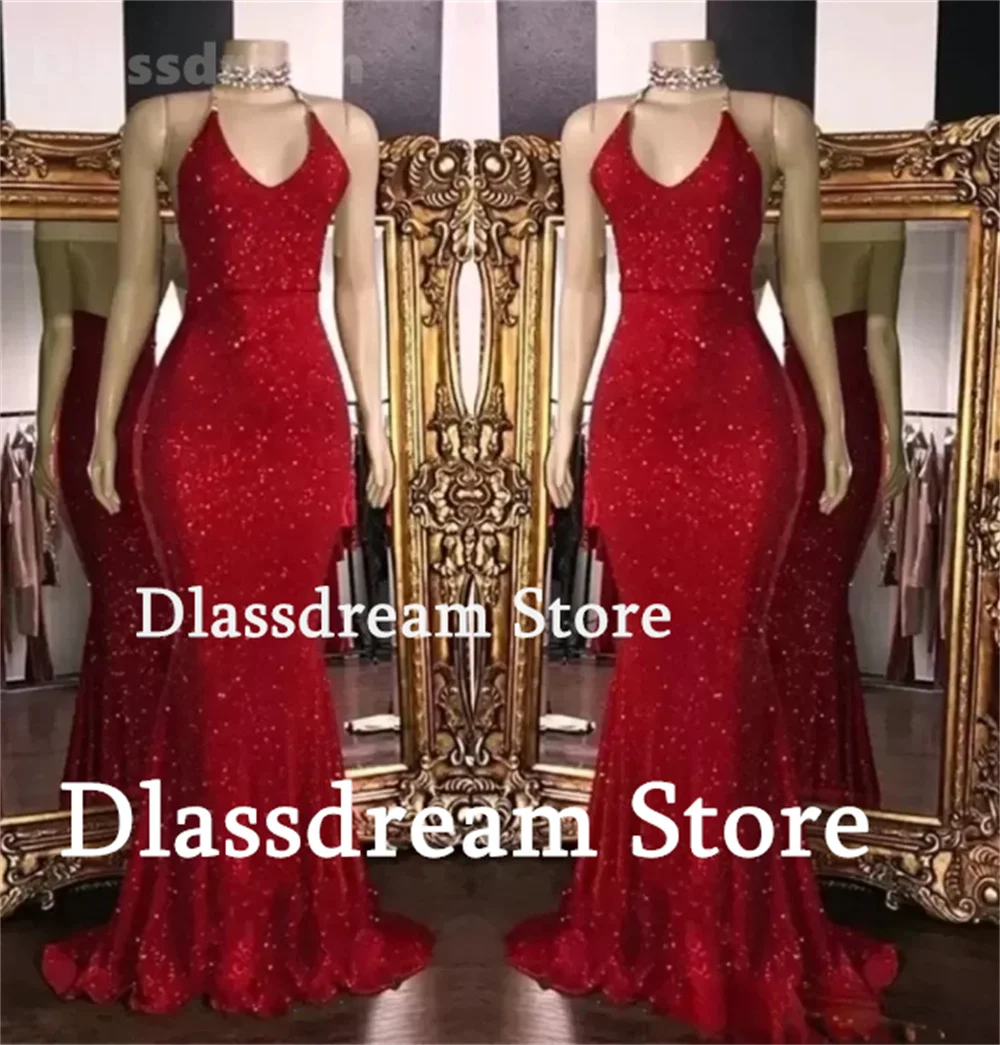 Sexy Red Prom Dress For Women V-Neck Spaghetti Straps Sleevelss Party Dress Mermaid Sparkly Sequin Floor-Length Evening Dress