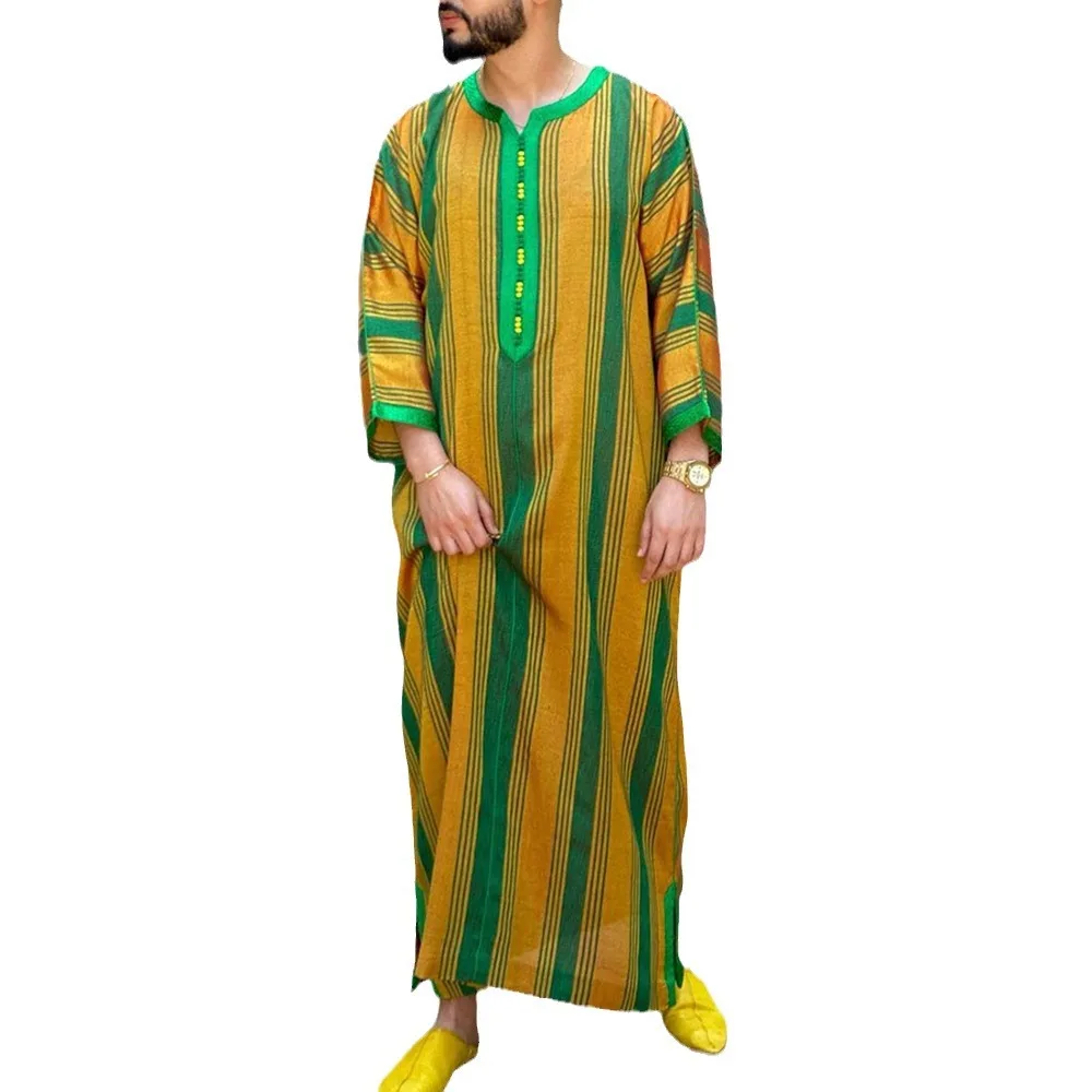 المملكة العربية السعودية رجل قمصان مخططة صفراء متوفرة في المخزون حفلة التاريخ اليومي للرجال الأفريقي رداء فضفاض أنيق طويل الأكمام ملابس شعبية