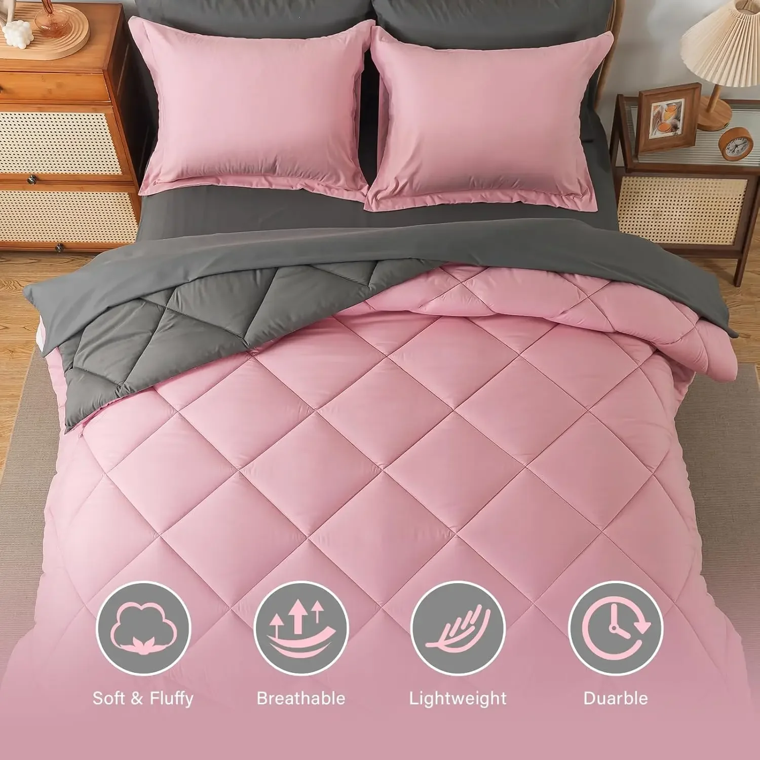 Cosybay Bed in a Bag King Comforter Sets 7pcs All Season Solid Down Alternative Bedding Sets Pink and Grey