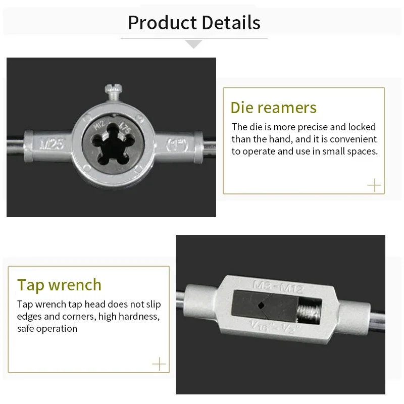 Imagem -04 - Metric Hand Tap e Die Grupo Screw Thread Plugs Straight Taper Reamer Wrench Threading Ferramentas Manuais M3-m12 12 20 40 Pcs