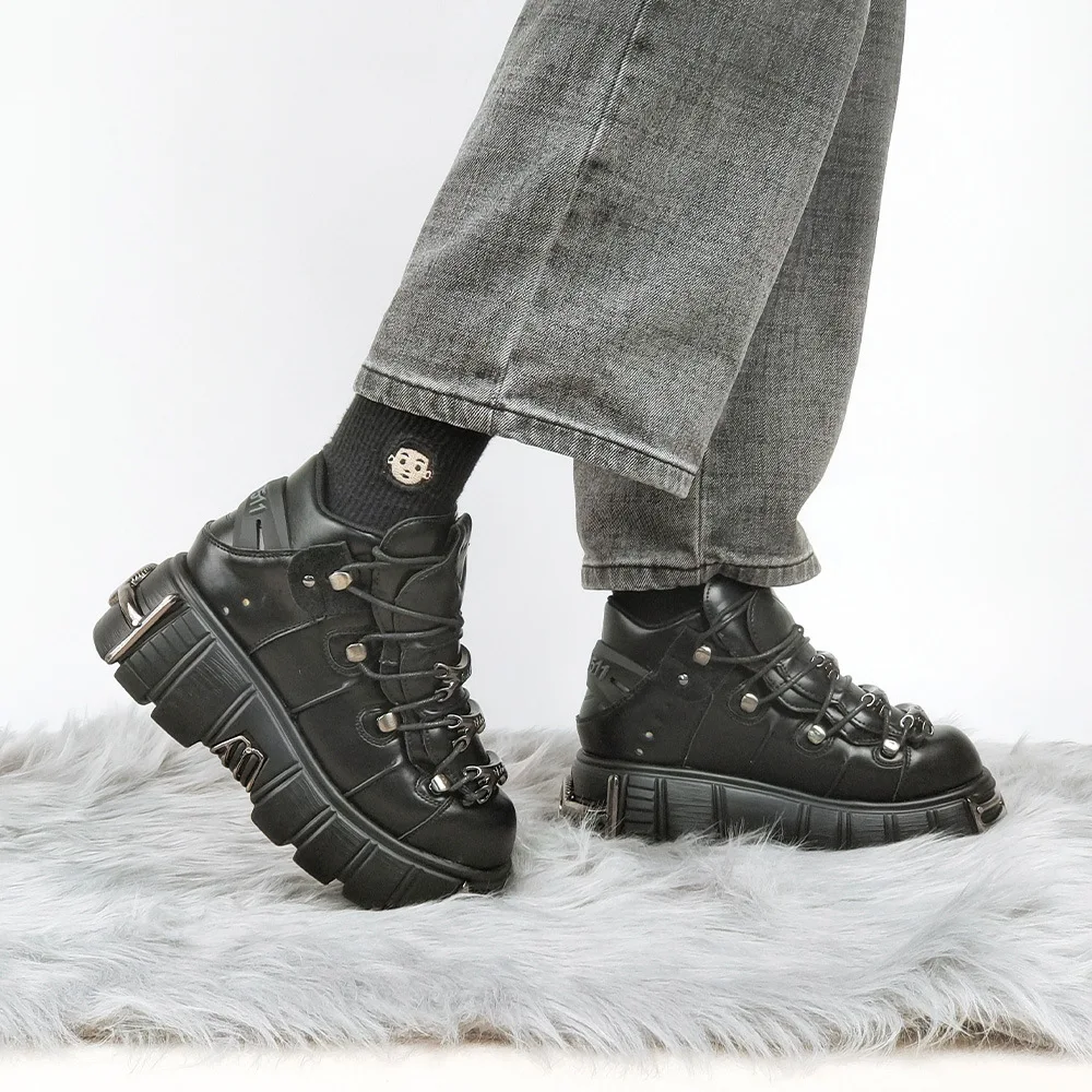 2024 Women's New Men Spring Heavy Metal Platform High-Top Punk Leather Shoes Gothic Dark Motorcycle Boots Tide