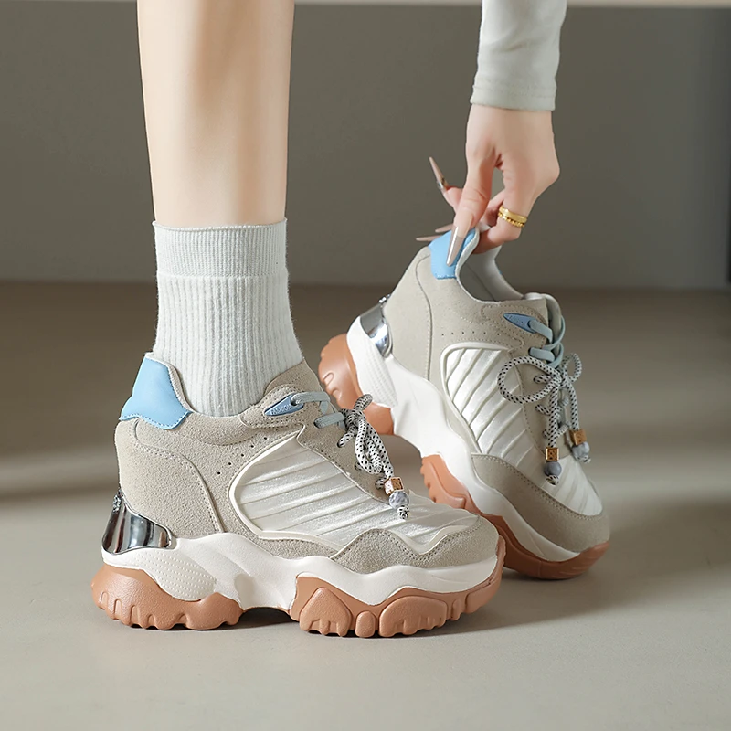 Women Color‑Block Platform Sneakers Lace‑Up Round‑Toe Inner Heightening Bead Decor Casual Sports Daily Walking Ladies Footwear