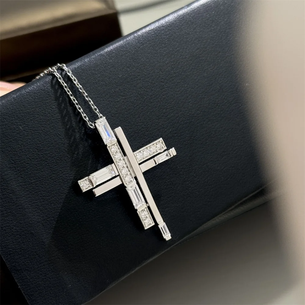 Double Cross Diamond Necklace Light Luxury And High Sense Personalized Design 2024 New Necklace