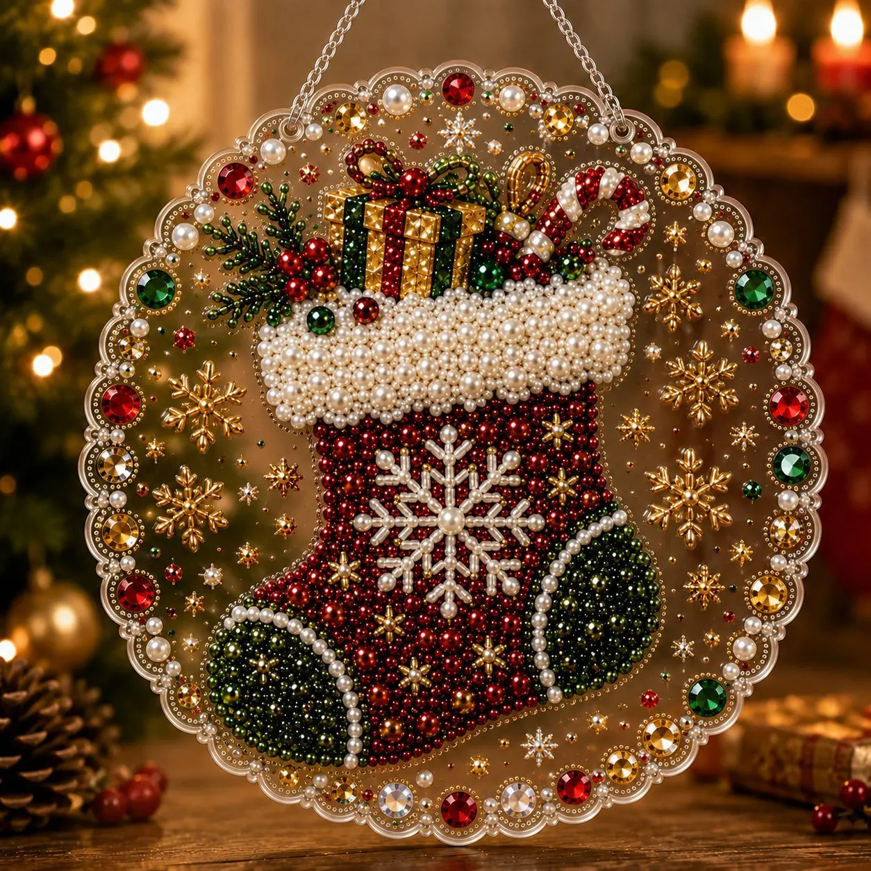 DIY Weihnachts-Perlen-Diamant-Malerei-Anhänger, runde Acrylplatte, 2D flache Perlen-Bastelarbeiten, Feiertags-Fenster- und Wanddekoration – Detail 22