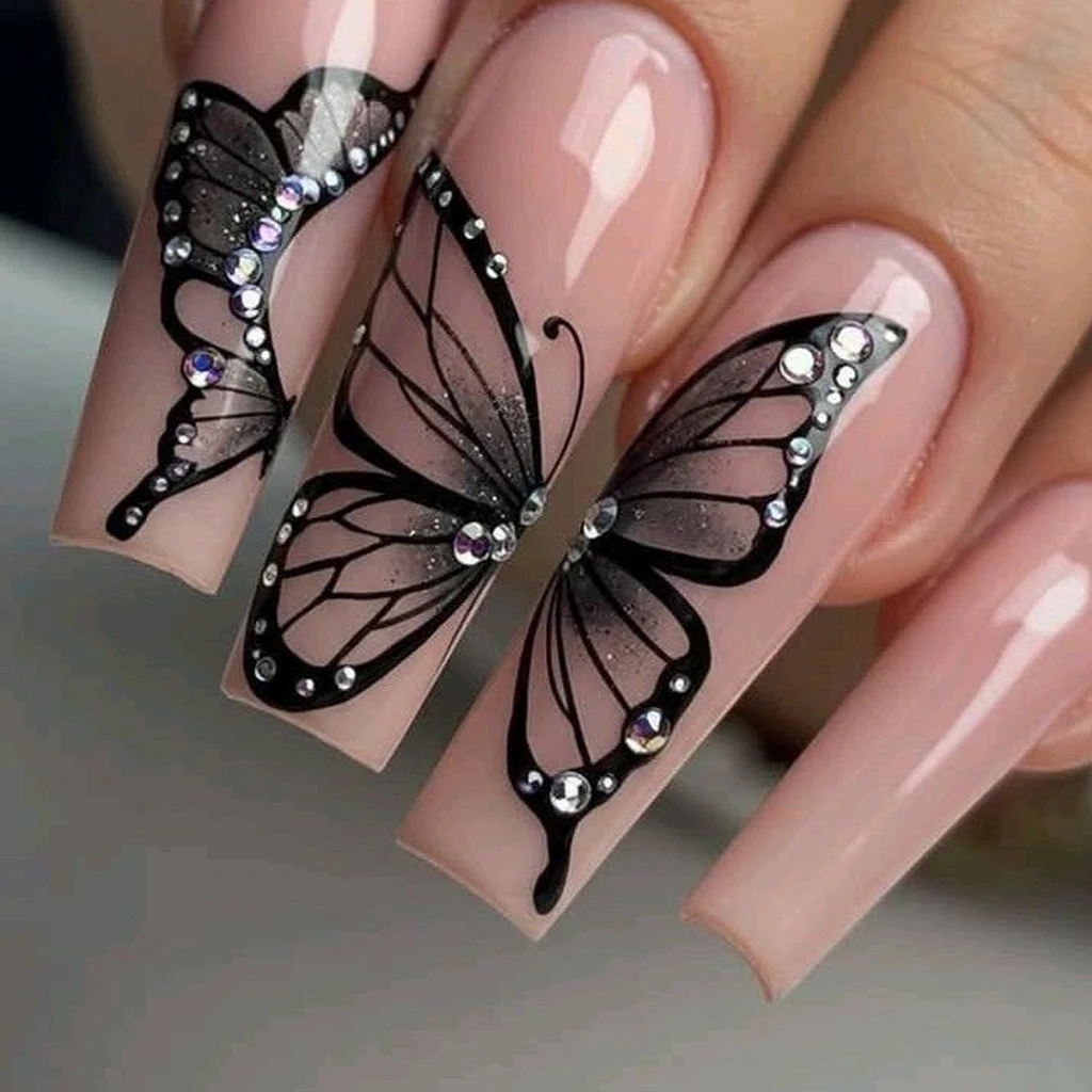 2Pcs 5D Gothic Black Butterfly Nail Stickers Embossed Starburst Hollow Butterfly Adhesive Nail Decals For DIY Manicure Nail Slid