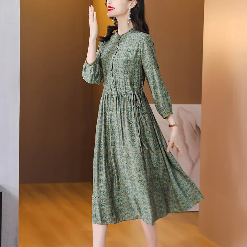 Vestido Midi plisado de seda azul con borlas para mujer, vestido informal de manga larga con cuello con volantes, vestido elegante coreano 2025