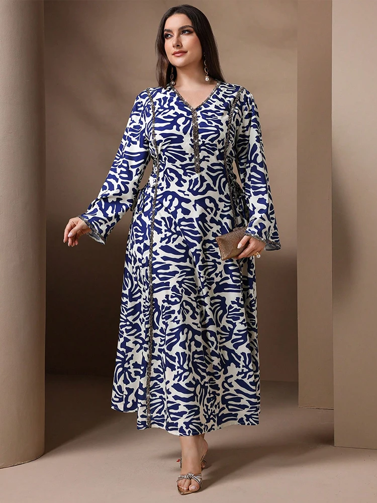 TOLEEN Vrouwen Plus Size Maxi Jurken Modieuze Moslim Print Losse Arabische Jurk Elegante Met Diamanten Ingelegde Banket Ramadan Gewaad