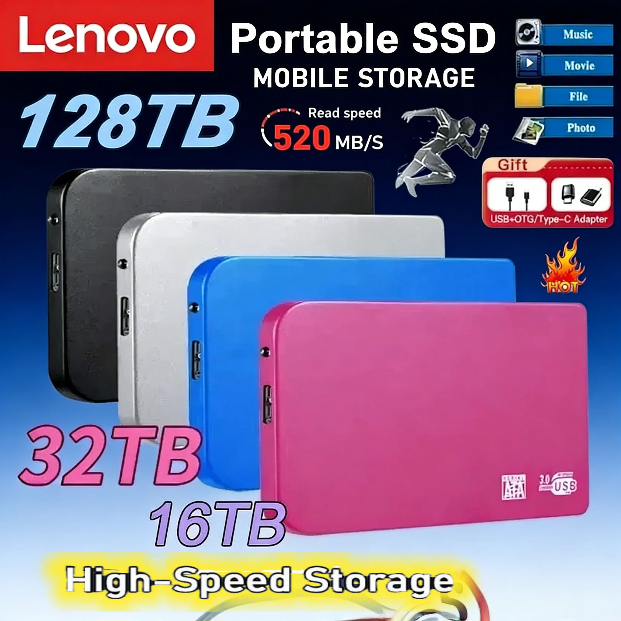 

Lenovo 128TB High Speed SSD Enclosure USB 3.0 External Hard Drive Case HDD Box With USB3.0 Cable ABS Storage