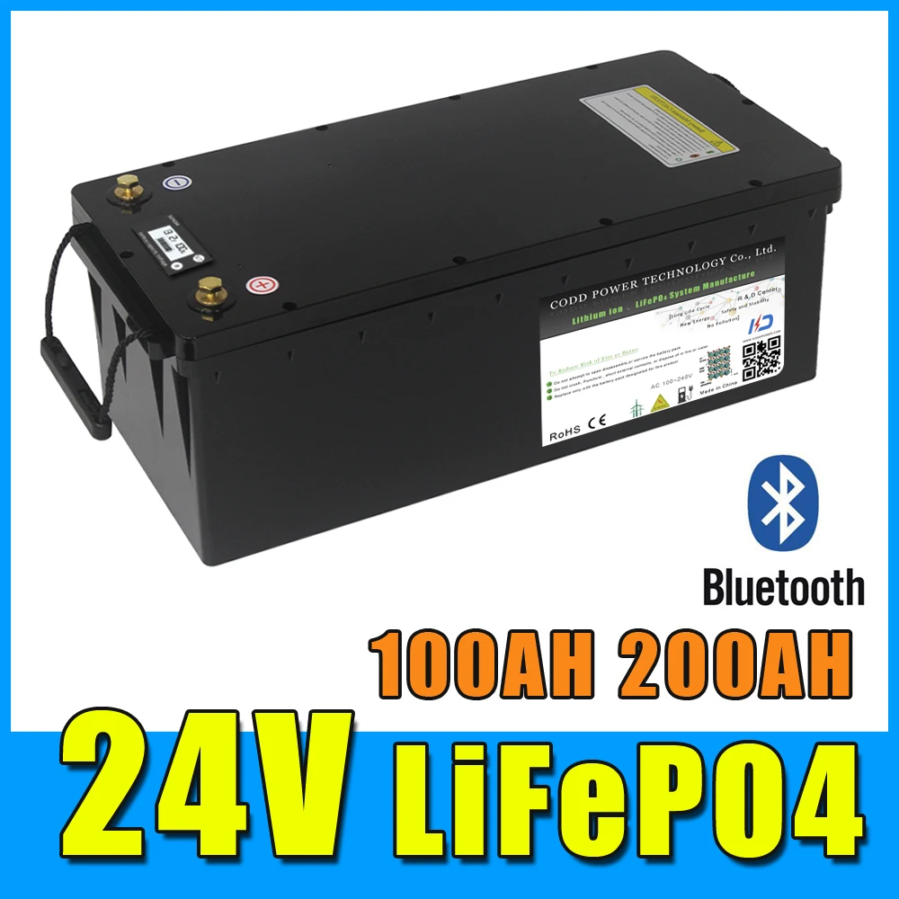 24V 100AH 200AH LiFePO4 Battery with Bluetooth BMS Waterproof Case LCD Solar RV Storage Boat Yacht