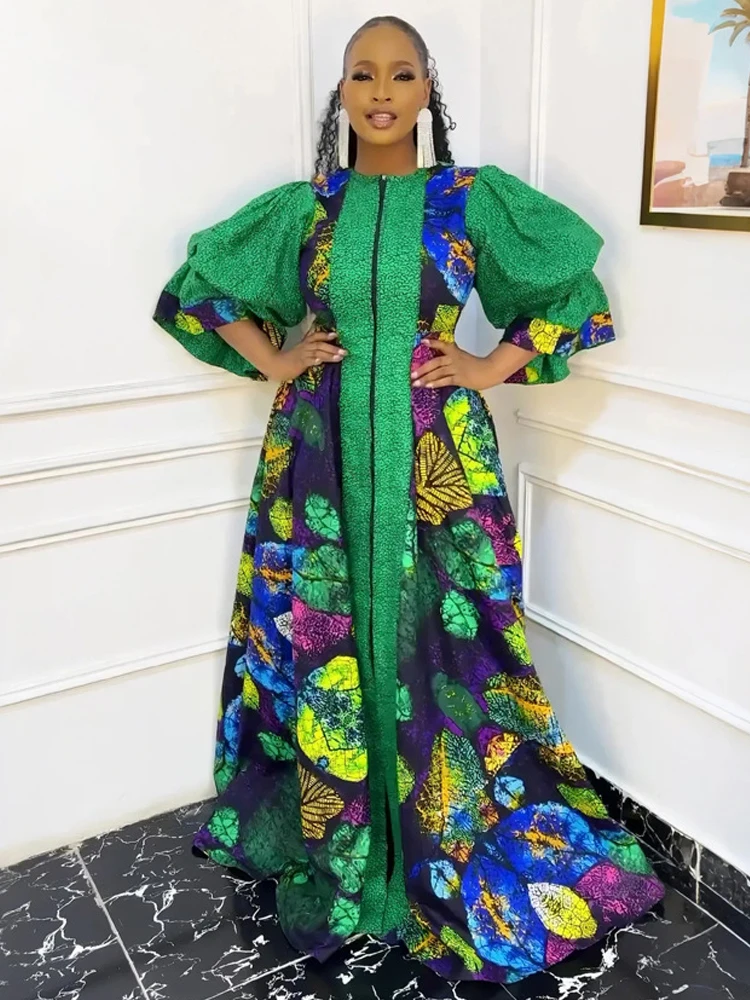 

2025 Party Dresses For Women African Dashiki Print Ankara Outfits Puff Sleeve Maxi Robe Dubai Turkey Kaftan Plus Size Dress