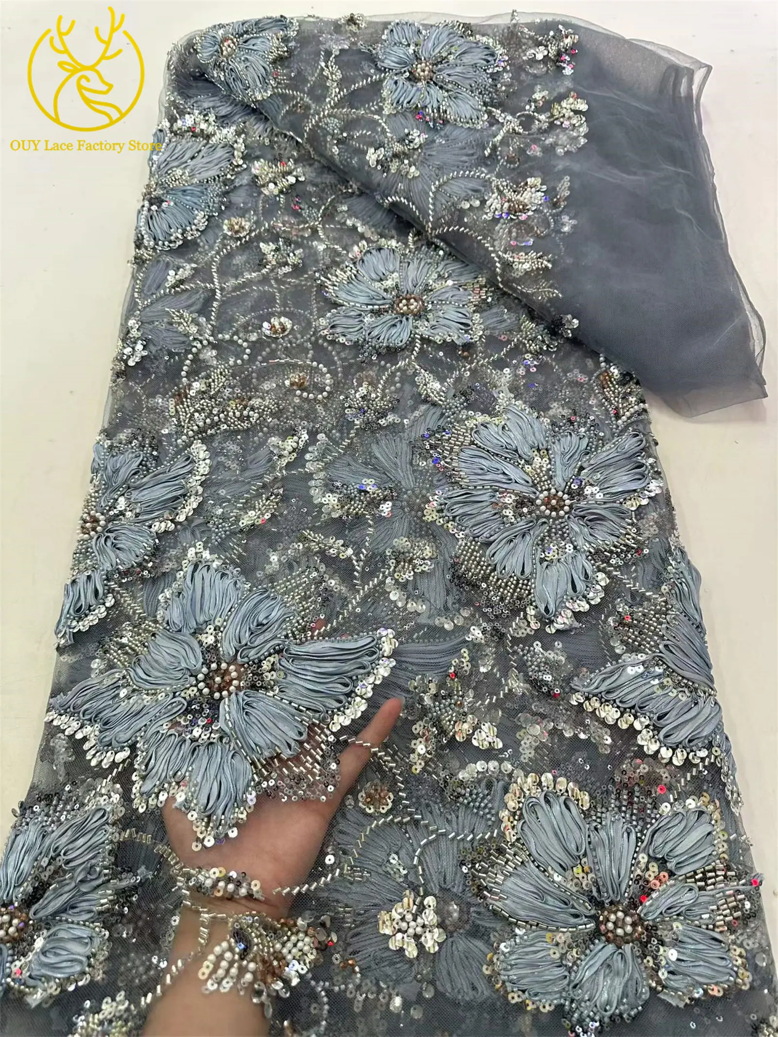 Neuer Stil Luxuriöser Afrikanischer Bräutigam Pailletten-Spitzenstoff 2026 Hochwertige Perlen-Stickerei Französische Tüllspitze für Damen Hochzeitskleid – Detail 10