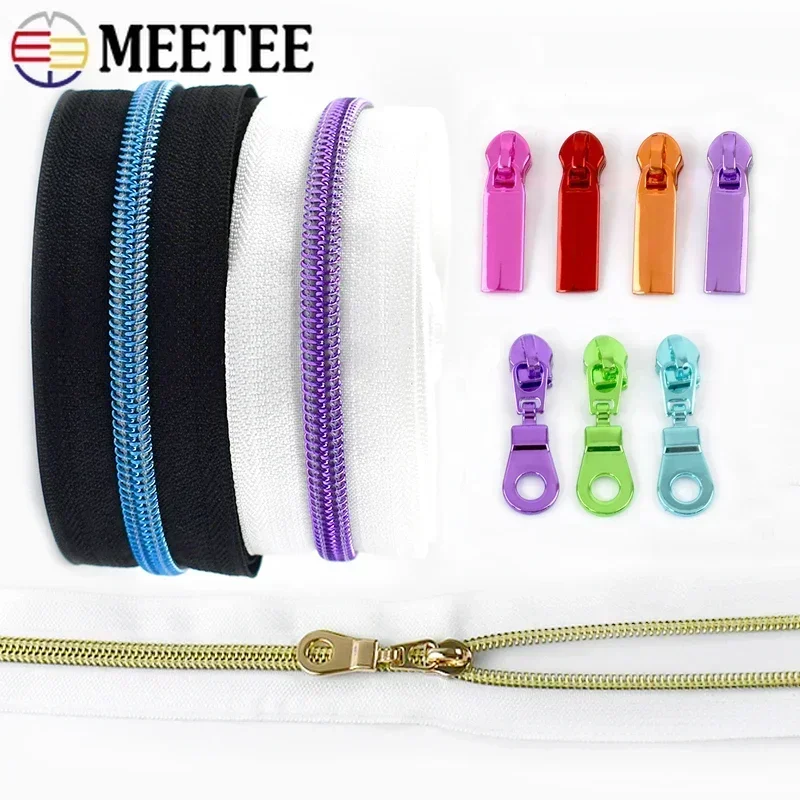 2/3/4M Meetee 5# Nylon Zippers + Zipper Slider Head Pulls Plastic Coil Zip Closures for Sewing Clothes Repair Kit Accessories