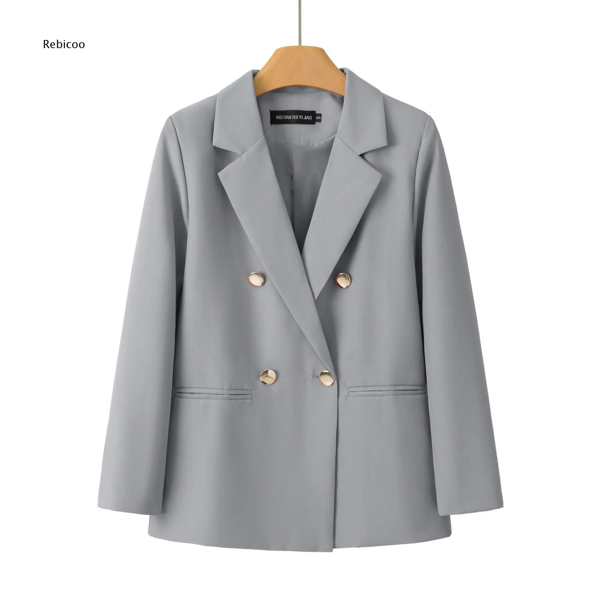 Women Double Breasted Blazer Notched Lapel Long Sleeve Metal Buttons Side Pockets Loose Suit Jacket For Office Daily Outfit