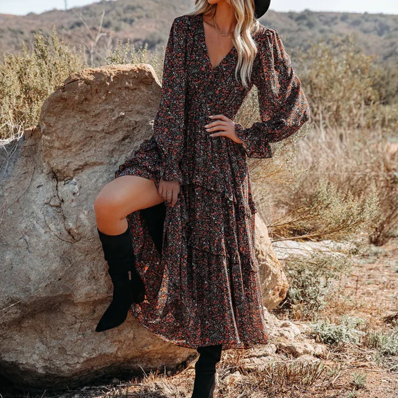 Greenora Women's V-Neck Vintage Floral Maxi Dress Puff Sleeves Waist-Cinching A-Line Boho Beach Date Dress