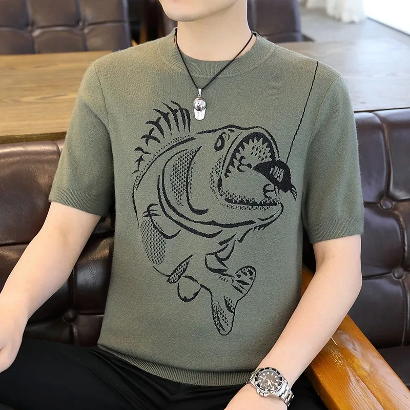 Light Luxury Pattern Jacquard O Neck Knit T Shirts Autumn Short Sleeve Korean Popular Retro Knitwear Pullover Social Streetwear image 2
