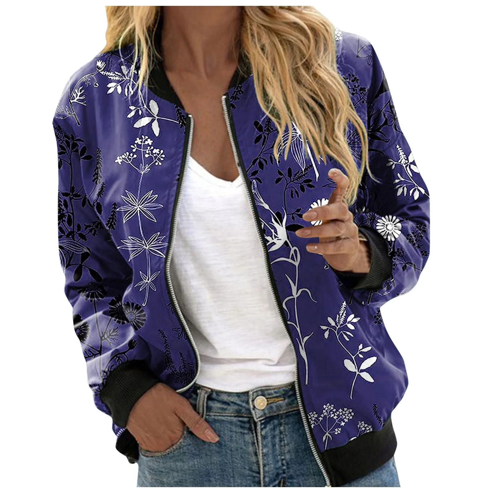 Mulheres leve zíper jaqueta bomber primavera outono floral impresso jaquetas escritório wear fino casaco de escritório retro esportes outwear