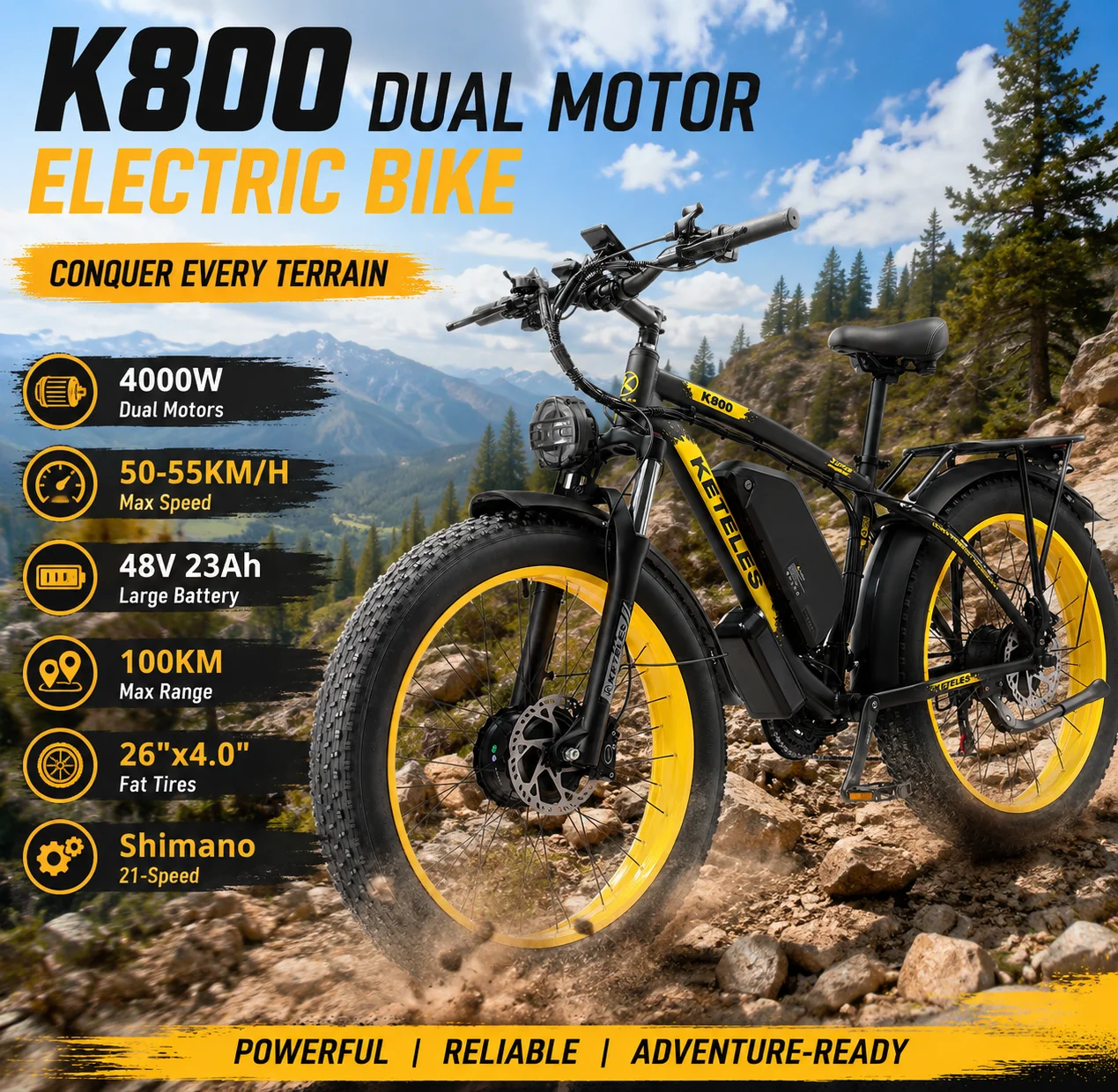 

K800 E-Bike 2000W Dual Motor Electric Bike for Adults, 48V 23Ah Battery, 50KM/H Speed, 26x4.0 Fat Tire Off-Road E-Bike