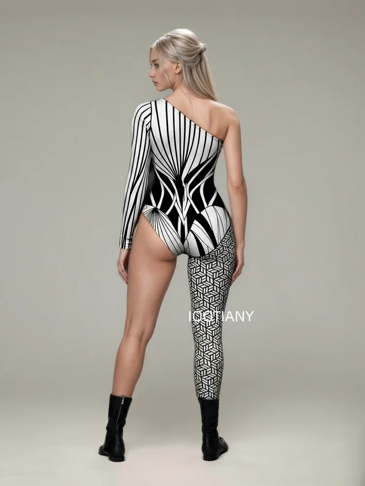 Gotischer Halloween-Skelett-Print-Bodysuit für Damen, One-Shoulder, einlanger Ärmel, asymmetrischer, enger Jumpsuit, Bühnen-Rave-Outfit – Detail 7