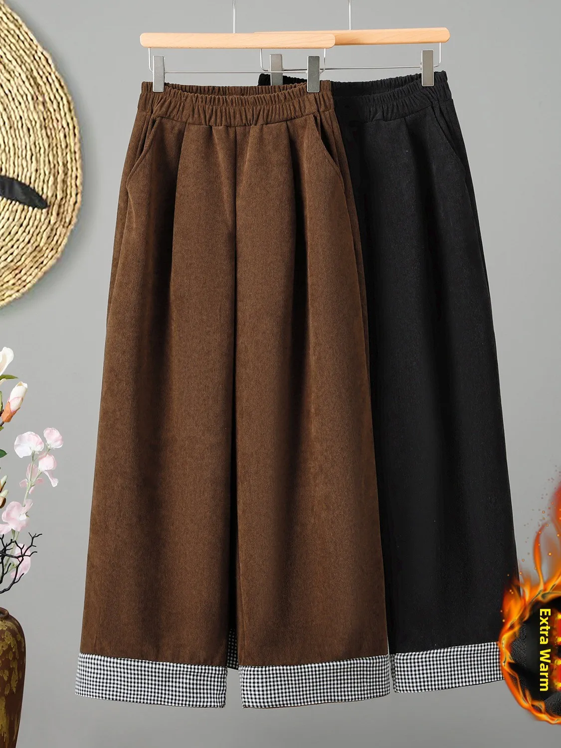 Pantalones de pana a cuadros retro de corte ancho para mujer, de invierno, talla grande, forrados de lana, gruesos, rectos y casuales.