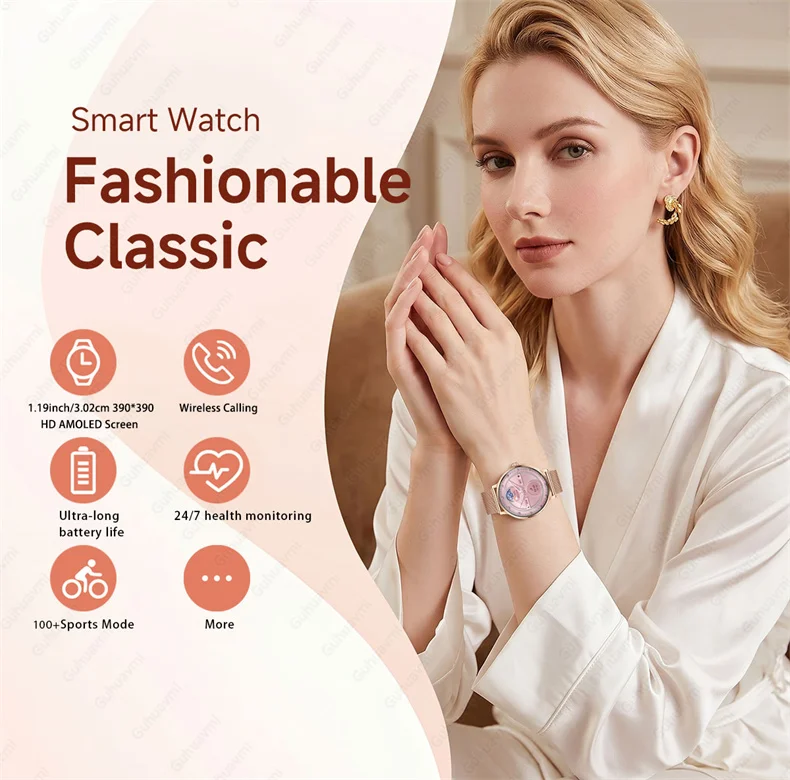 Neue 1,19" Ultra-Dünne Damen Smartwatch in Rosa mit Bluetooth-Anruffunktion, Anpassbaren Zifferblättern, Herzfrequenz- und Schlafüberwachung, Sportfunktionen und Uhrwerk – Detail 2