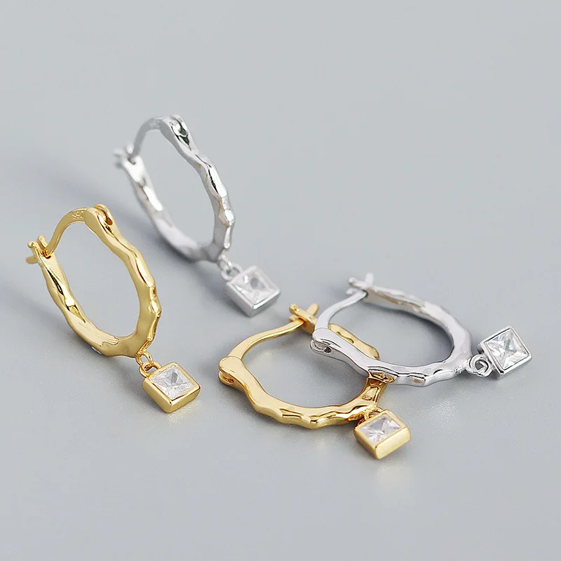 WANTME 925 Sterling Silver Square Charm Zircon Pendant Drop Earrings for Women Classic Irregular Party French Piercing Jewelry 6
