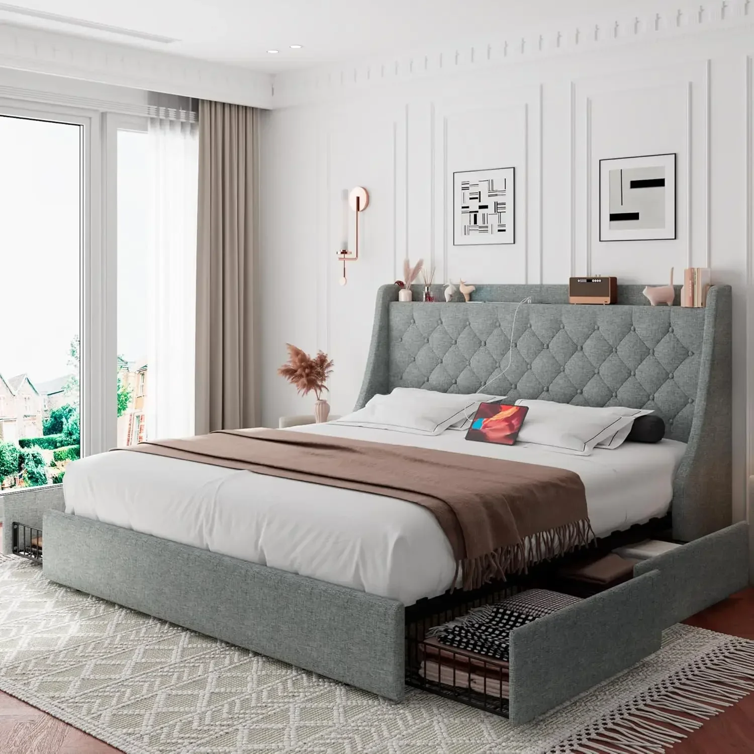 

Upholstered Platform Bed Frame with Type-C & USB Ports, Wingback Storage Headboard, Solid Wood Slats