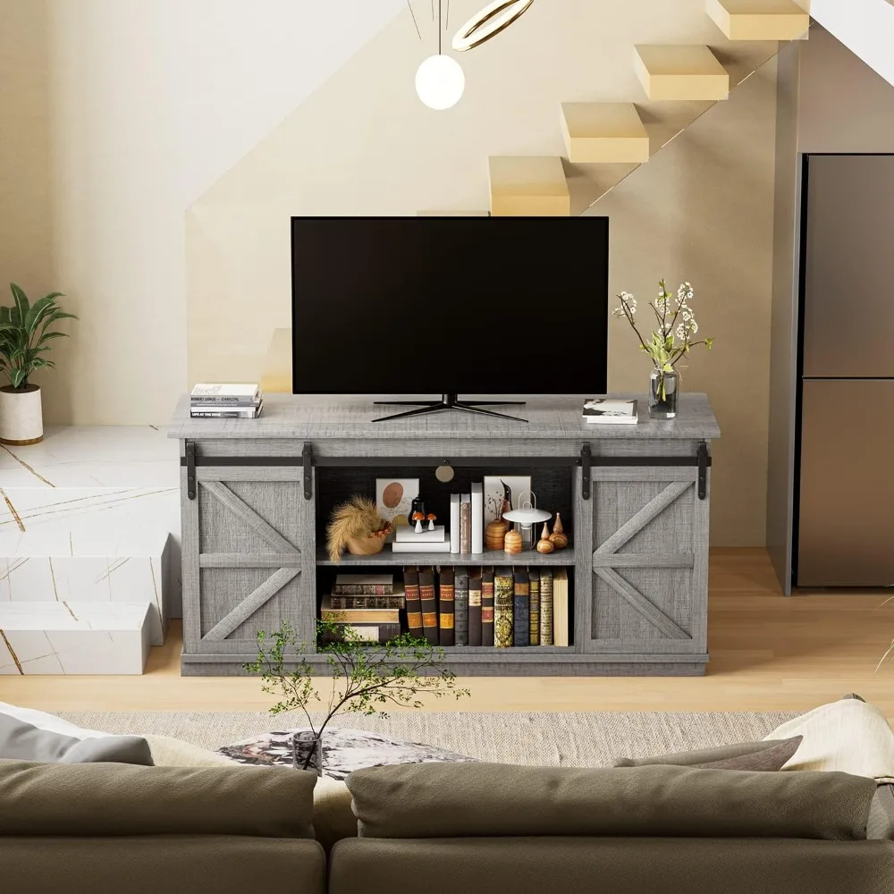 TV Stand for Televisions up to 65 Inchs, with Sliding Barn Doors and Storage Cabinets, Console Taboom, 58 Inch, Gray