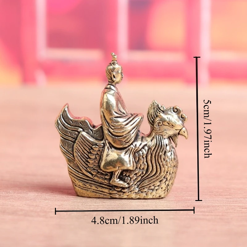 Brass Ancient Oriental Figure Riding Mythical Bird Figurine, Retro Metal Statue, Desktop Tea Pet Ornament for Home Decor