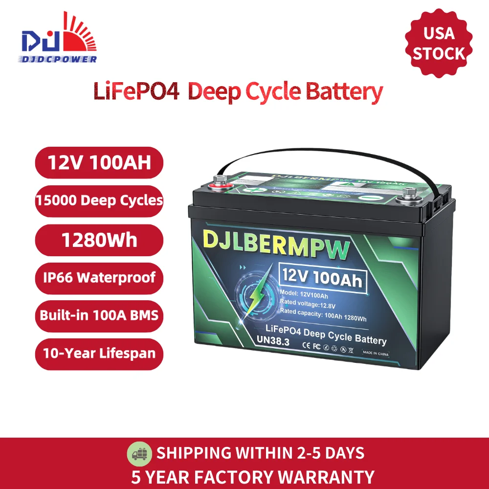 DJLBERMPW 12 فولت 100 أمبير LiFePO4 بطارية ليثيوم فوسفات الحديد في 100A BMS لمحرك التصيد البحري RV عربات الغولف الشمسية