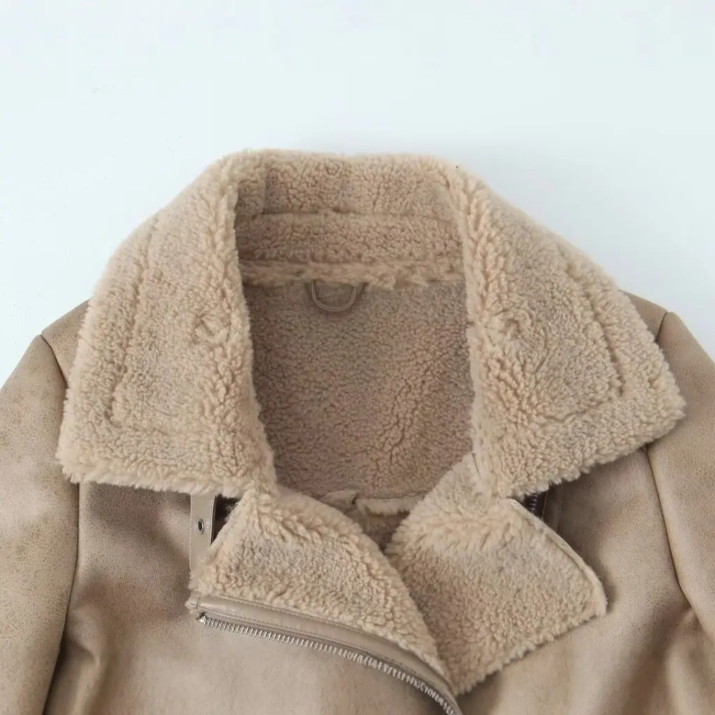 

Autumn Winter Motorcycle Style Jacket for Women Diagonal Zipper Loose Lapel European American Clothing Wholesale New