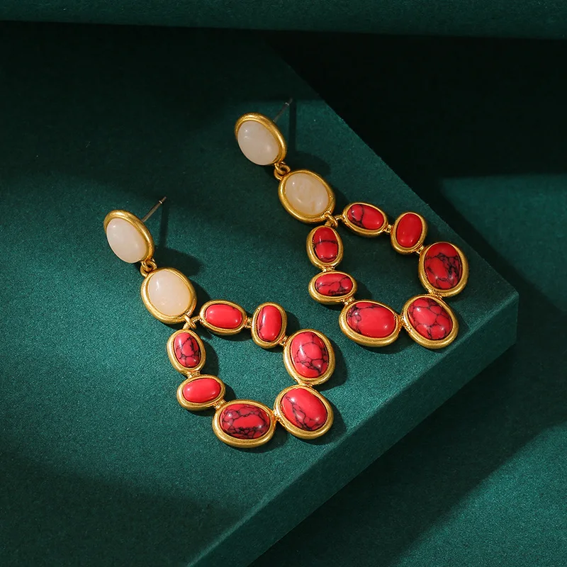 

New Year Mid-century Style Fashion Natural Stone Hollow Geometric Element Water Drop Earrings High-end Long Earrings for Women