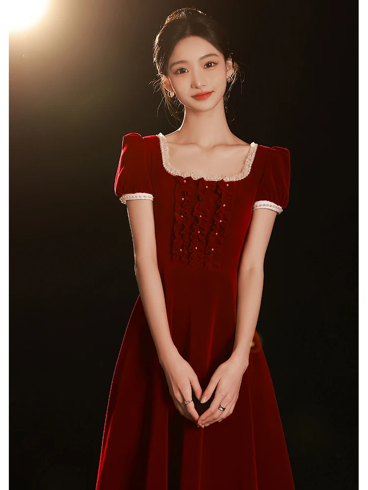 

Red Wedding Dress Korean Style Short Sleeve Pearl Embellished A-Line Skirt Formal Ceremony Dress Suitable for Engagement And ...