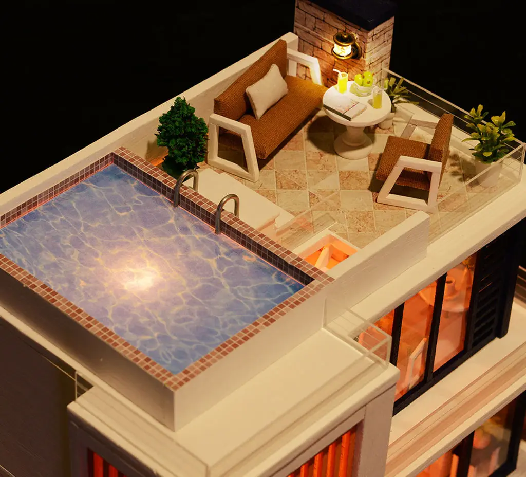 Kit de Villa de bricolage de Style européen moderne, modèle de maison 3D inspiré de la floraison avec intérieur lumineux et piscine de toit, artisanat de Puzzle assemblé à la main