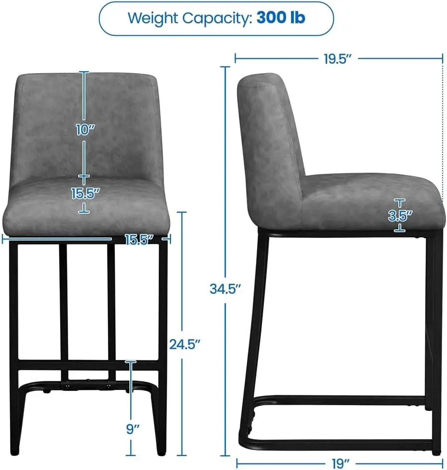 Moderne, met leer beklede, 24 inch barkrukken op tegenhoogte, set van 2, met rugleuning voor keukeneetkamer