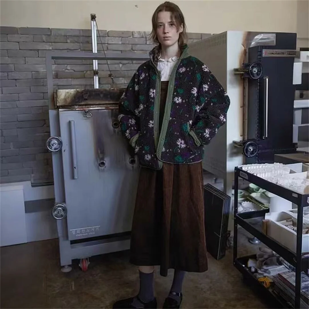 

Fashionable Fleece Double-Sided Wear Floral Loose Cotton Jacket Casual Style Polyester Fiber Women's Short Outerwear Coat