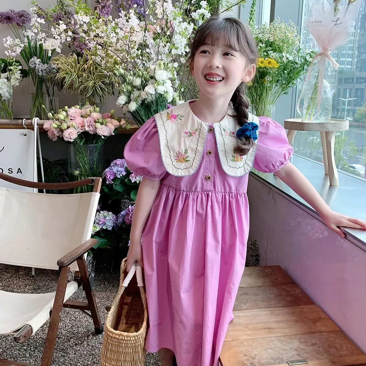 Girls Floral Embroidered Ruffled Collar Summer Short Sleeve Dresses Toddler Princess Dress Children Party Retro Casual Clothes