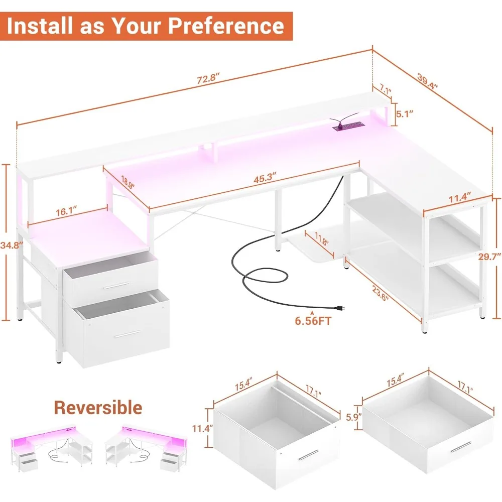 LED-lit Gaming Desk with Reversible L-Shape, Power Outlet, and Monitor Stand, featuring File Drawer for Enhanced Functionality