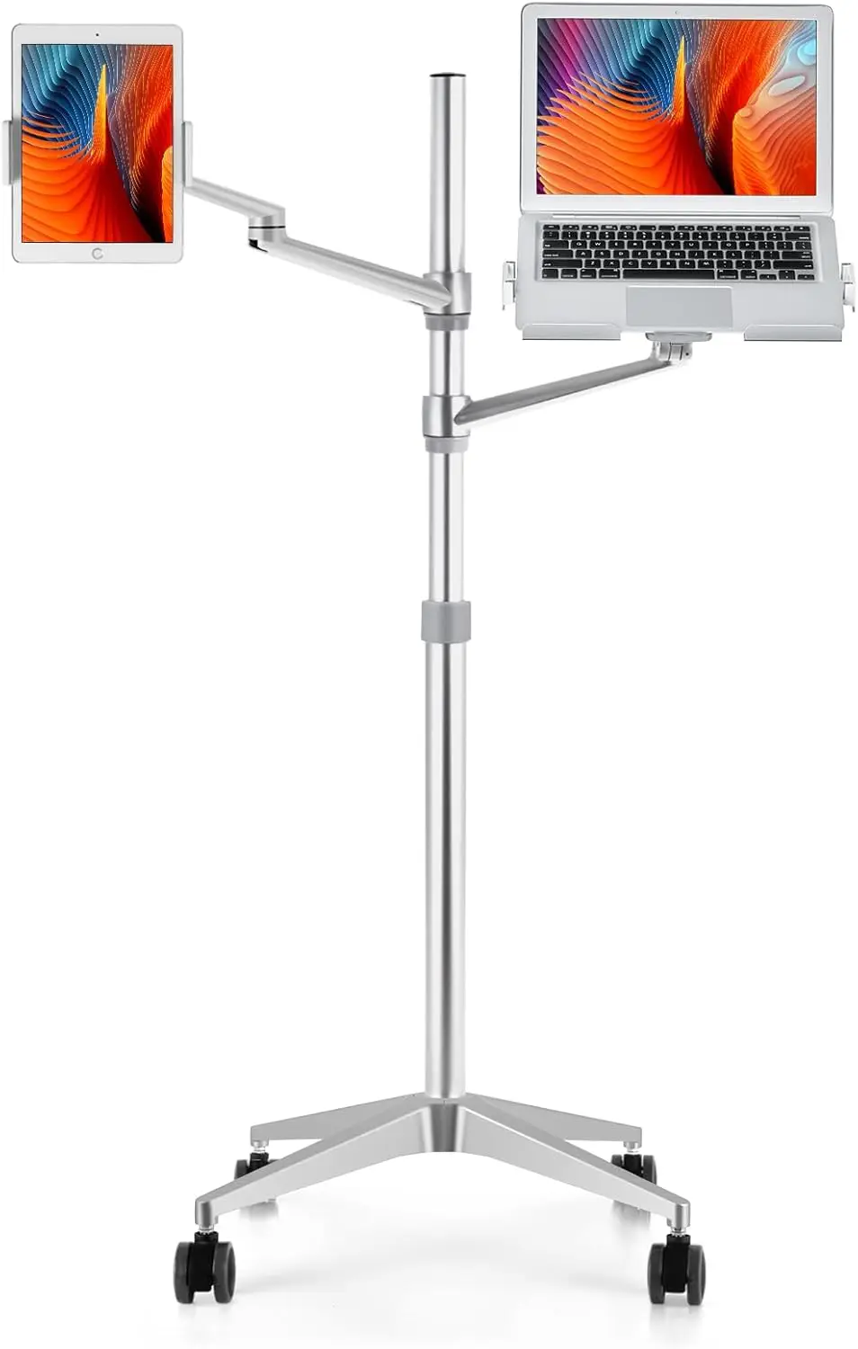 

Tablet and Laptop Floor Stand, 2-in-1 Rolling Adjustable Dual arm, Compatible with 4.5~13'' Phone and Tablet Compatible