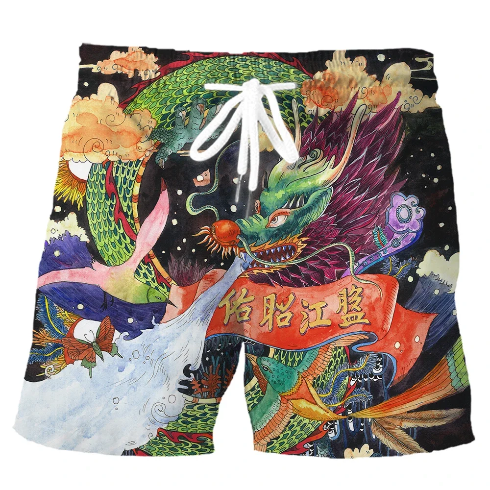 HX موضة السراويل الرياضية Ukiyo-e موجة كوي فينيكس لوتس الفن ثلاثية الأبعاد السراويل المطبوعة الصيف البوليستر الرجال عادية مجلس السراويل S-5XL #6