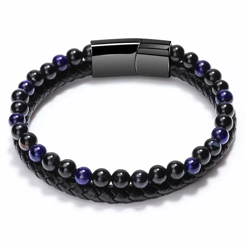 European and American Men\'s Bracelets Volcanic Tiger Eye Beaded Natural Stone Bracelets Handwoven Leather Bangles Jewelry